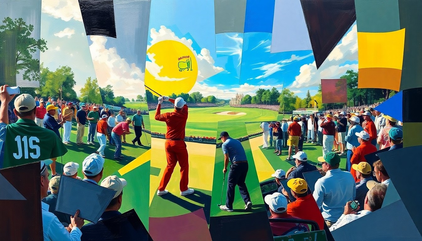 A fragmented, geometric painting depicting the dynamic motion and tension of a golf tournament, with sharp planes of color and form representing the competitive spirit of the Masters.