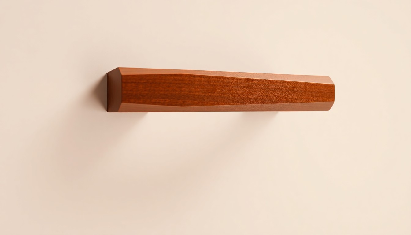A close-up photograph of a polished, geometric wooden cabinet door handle in a warm, earthy brown color, floating on a clean, monochromatic background with dramatic studio lighting and deep shadows.