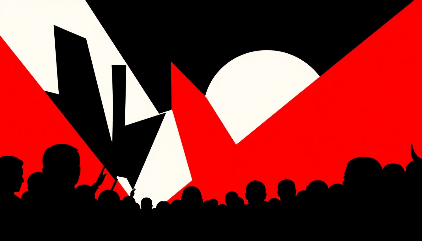 An abstract, minimalist illustration featuring bold, jagged shapes and silhouettes in high-contrast colors, conceptually representing the growth and reach of a radio station.