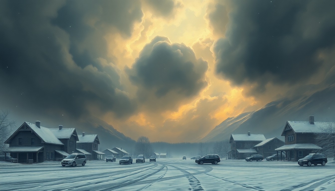 A vast, atmospheric landscape painting depicting a snow-covered cityscape under a heavy, brooding sky, conveying the overwhelming scale and power of the winter storm.
