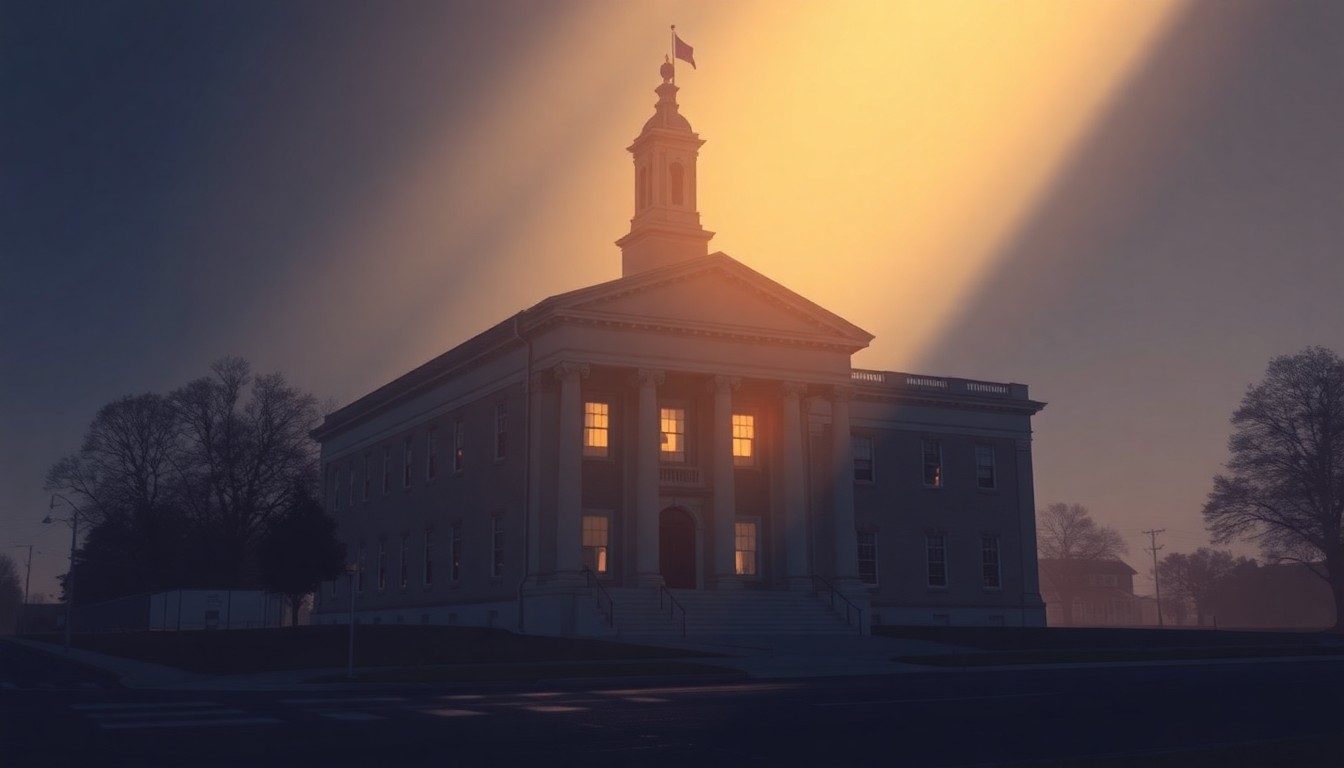 A serene, cinematic painting depicting the New Jersey State House building in soft, warm light and deep shadows, conveying a sense of uncertainty and anticipation surrounding the new governor's agenda.