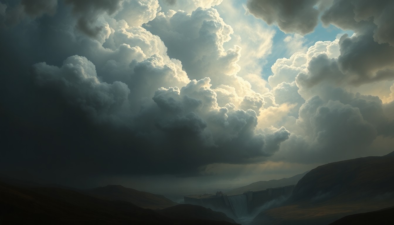A sweeping, atmospheric landscape painting depicting a massive, swirling storm cloud system dwarfing a small, partially obscured dam structure in the distance, conveying the overwhelming power of nature.