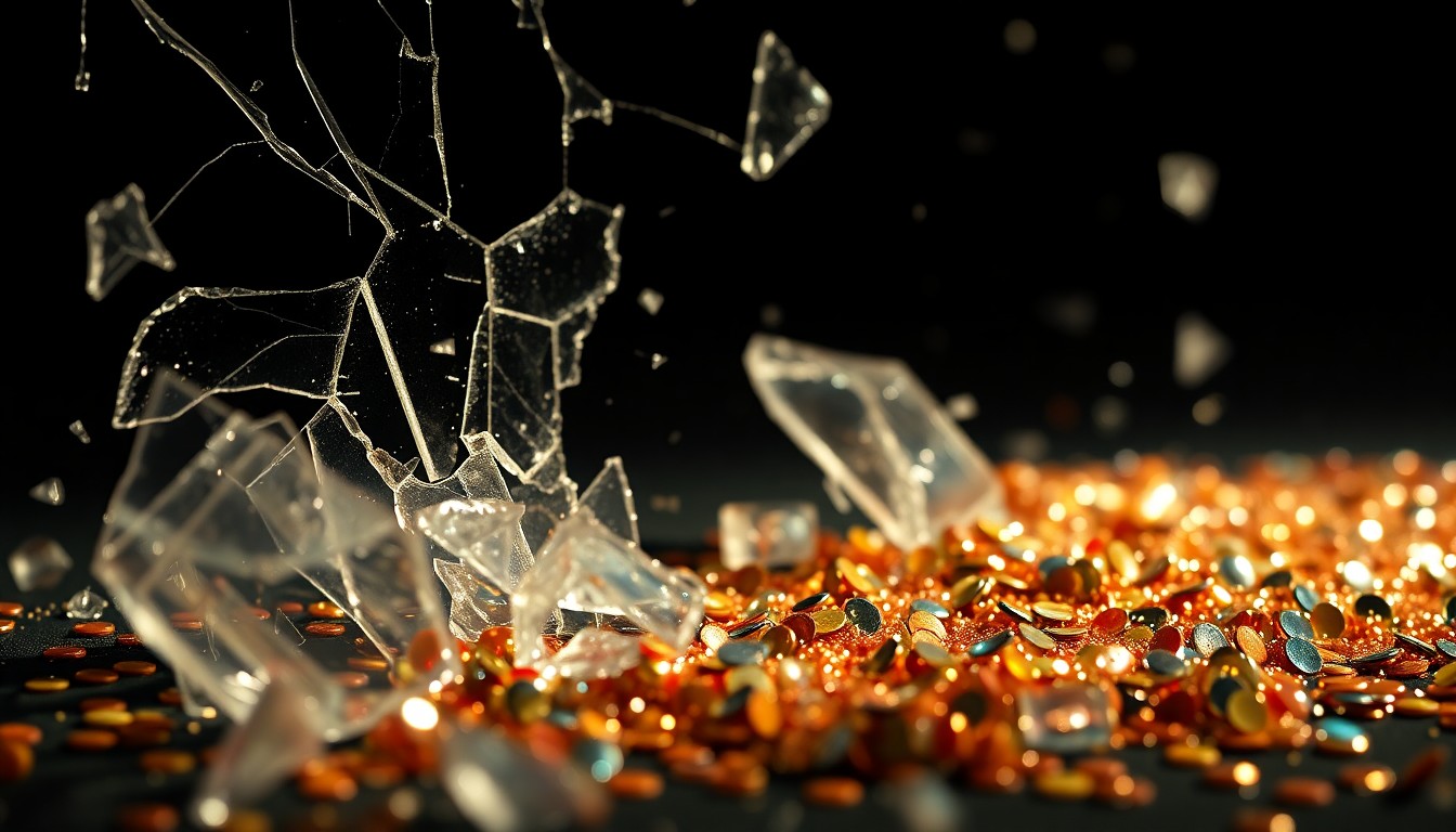 An extreme close-up of shattered glass and glittering sequins, representing the contrasting styles and artistic visions of the two hip-hop artists.