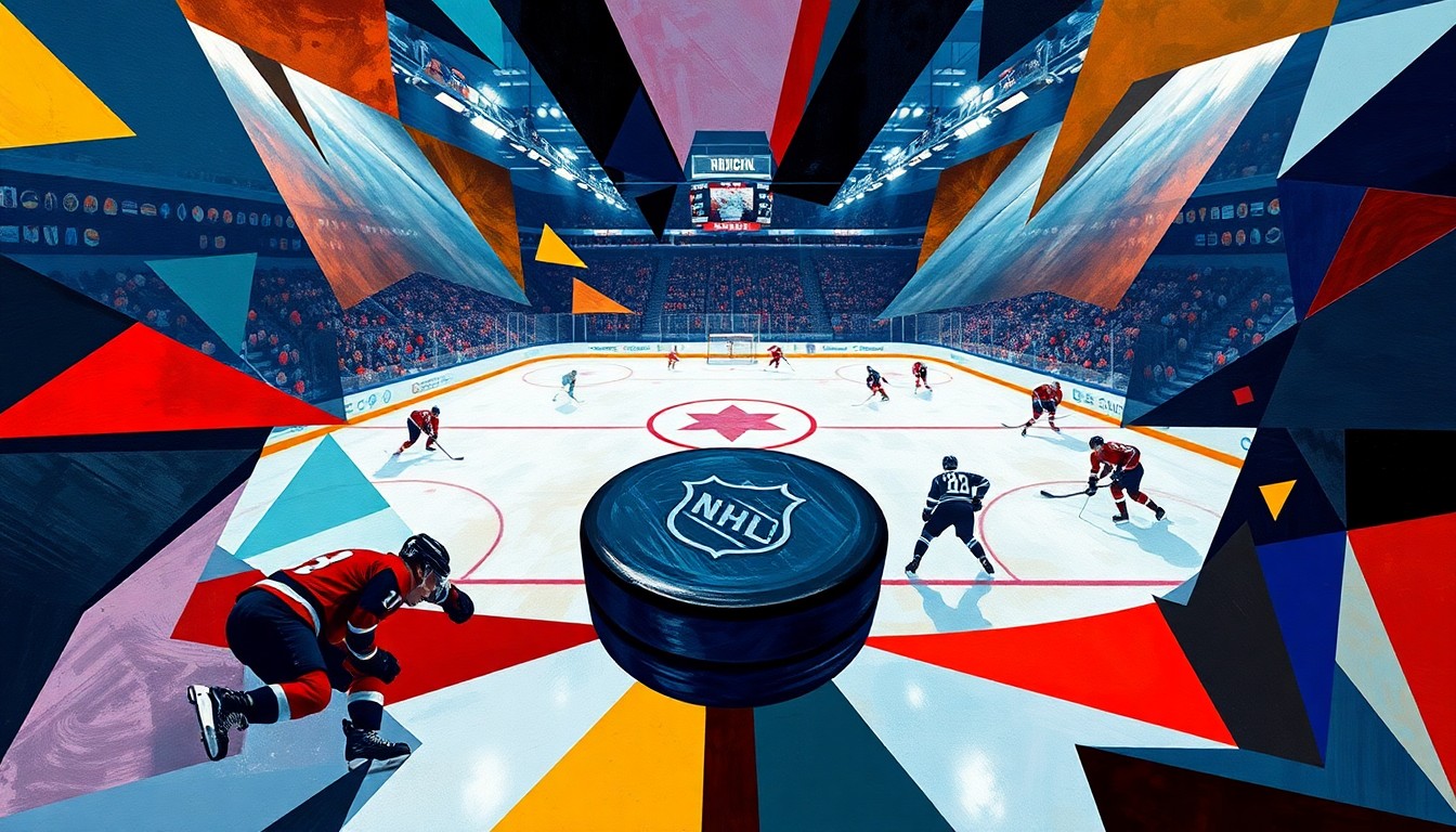 A fractured, multi-perspective painting in a cubist style, with angular, colorful shapes representing the players, rink, and puck of an NHL hockey game.