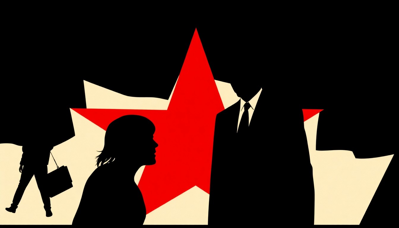 A bold, abstract composition of jagged geometric shapes and stark black silhouettes in high-contrast red and white, conceptually representing the dark themes and creative challenges of the film 'American Psycho'.