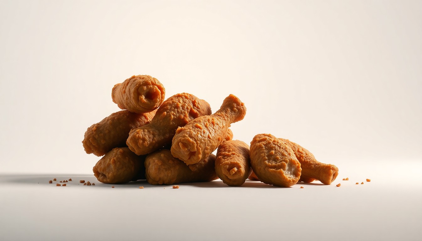 A high-end, photorealistic studio still-life photograph featuring a stack of freshly fried chicken drumsticks and thighs, arranged elegantly on a clean, monochromatic seamless background. The chicken pieces are made from polished raw materials and clean geometric shapes, using sharp, dramatic studio lighting and deep shadows to represent the premium quality and craftsmanship of the dish.