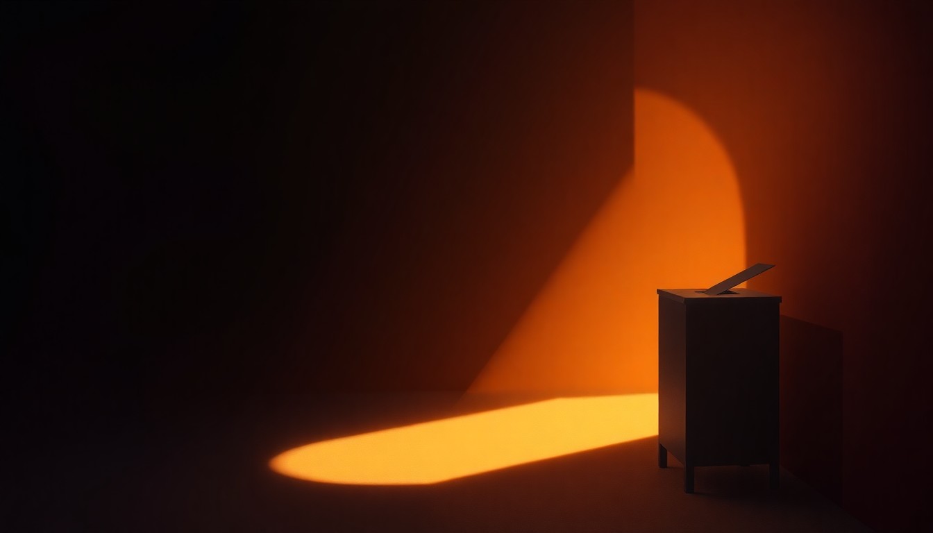 A photorealistic painting of an old-fashioned metal ballot box sitting alone on a wooden table, with warm sunlight streaming in through a window and casting deep shadows across the scene, conveying a sense of solemnity and nostalgia around the political process.