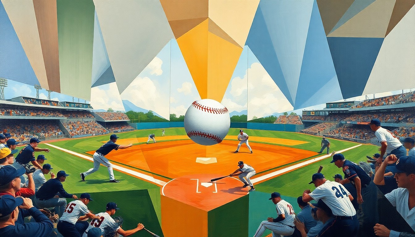 A fractured, geometric painting depicting a college baseball game, with the players and field broken down into sharp, overlapping planes of color and shape, the ball and bats as the central focus.