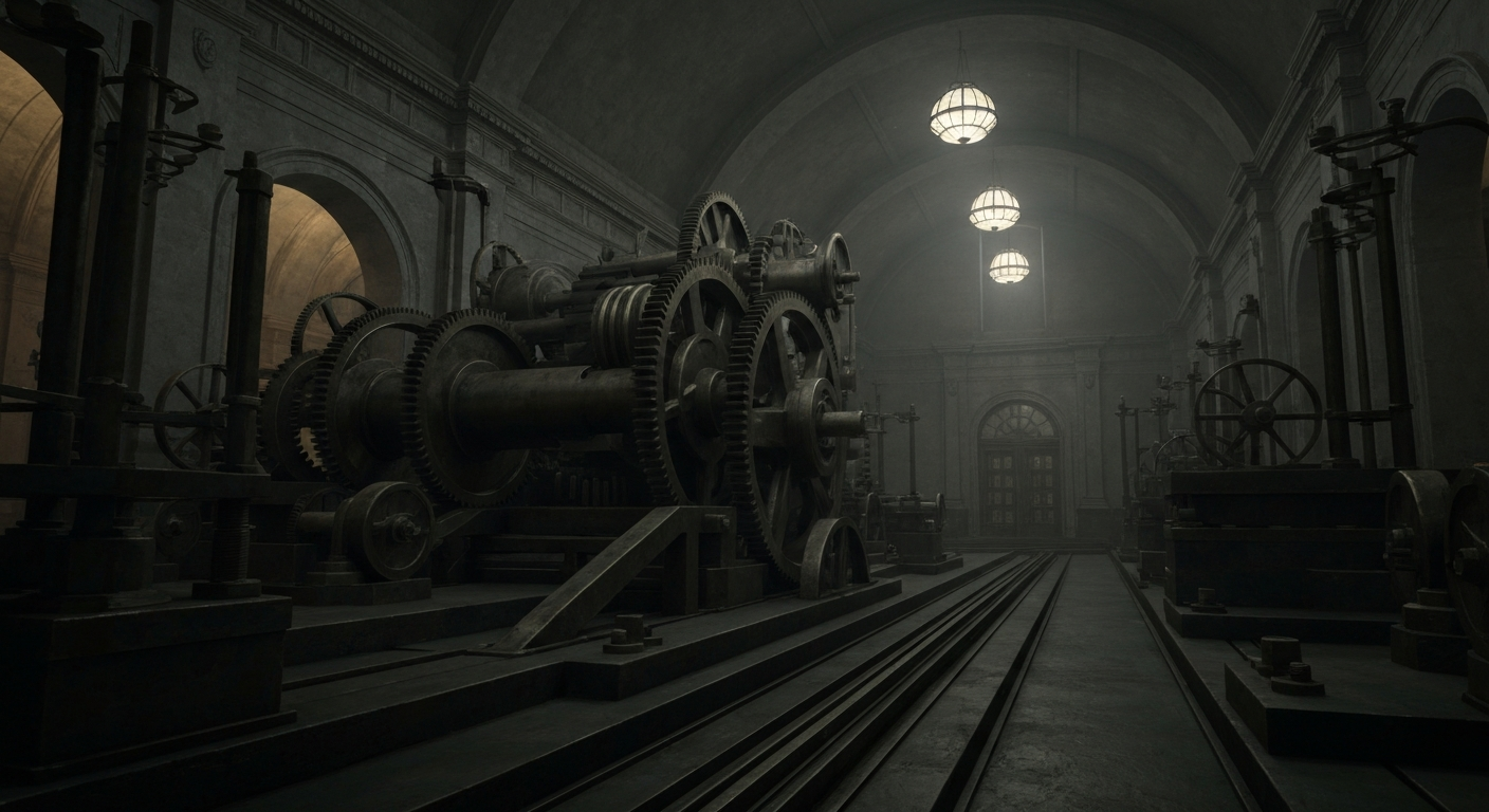 An extreme close-up of complex, interlocking industrial machinery and components, representing the financial security and institutional power of Teledyne Technologies.