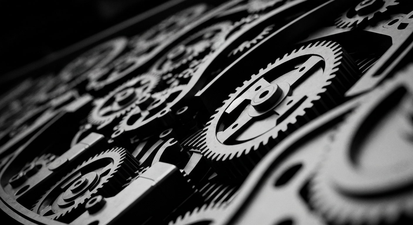 A high-contrast, close-up image of the gears, circuits, and mechanisms inside a Nasdaq trading terminal, conveying the industrial scale and technical sophistication of modern financial infrastructure.