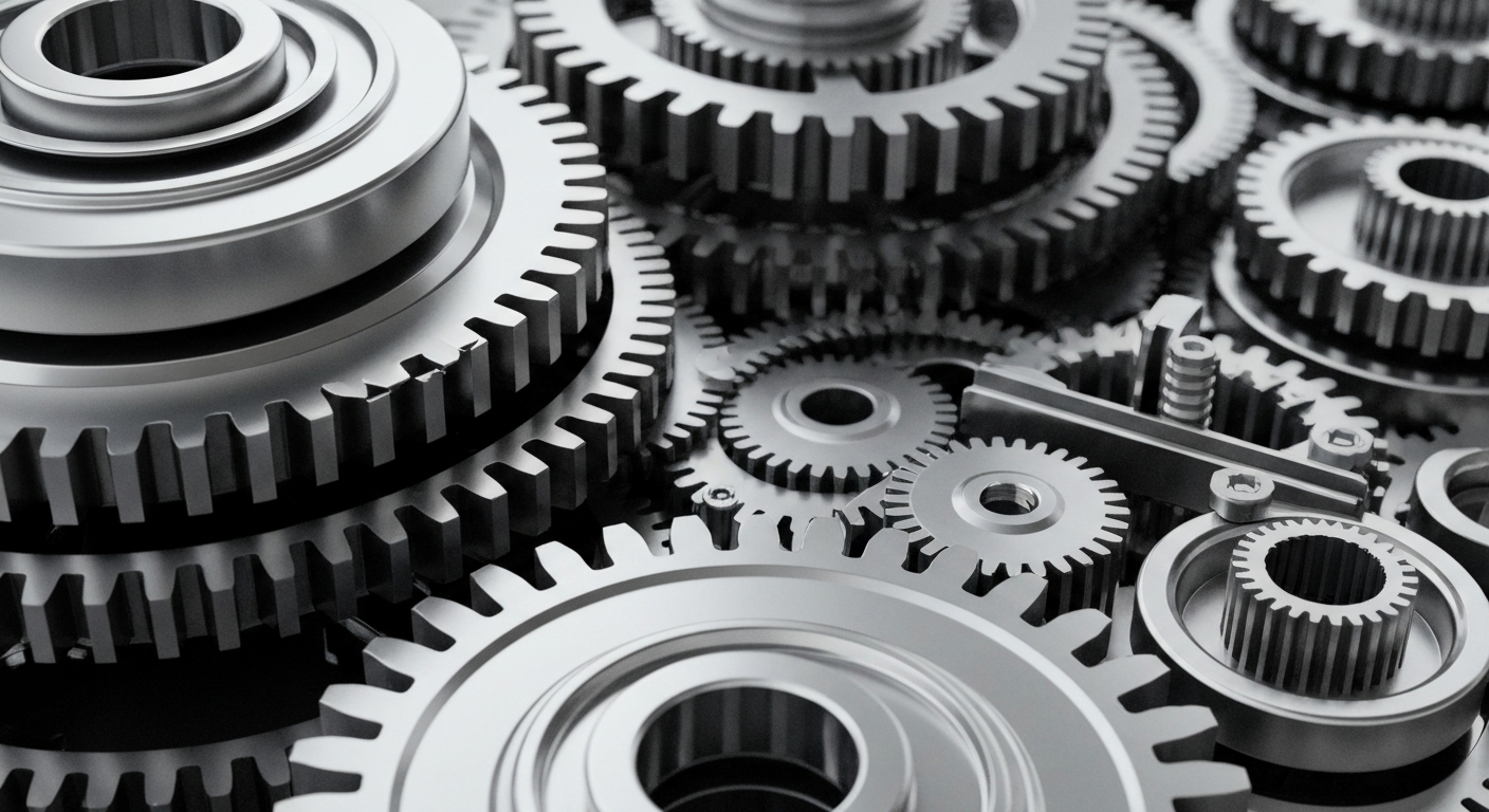 An extreme close-up of intricate, polished metal gears and machinery in shades of silver, steel, and gunmetal grey, conceptually representing the complex financial infrastructure and technology of the semiconductor industry.