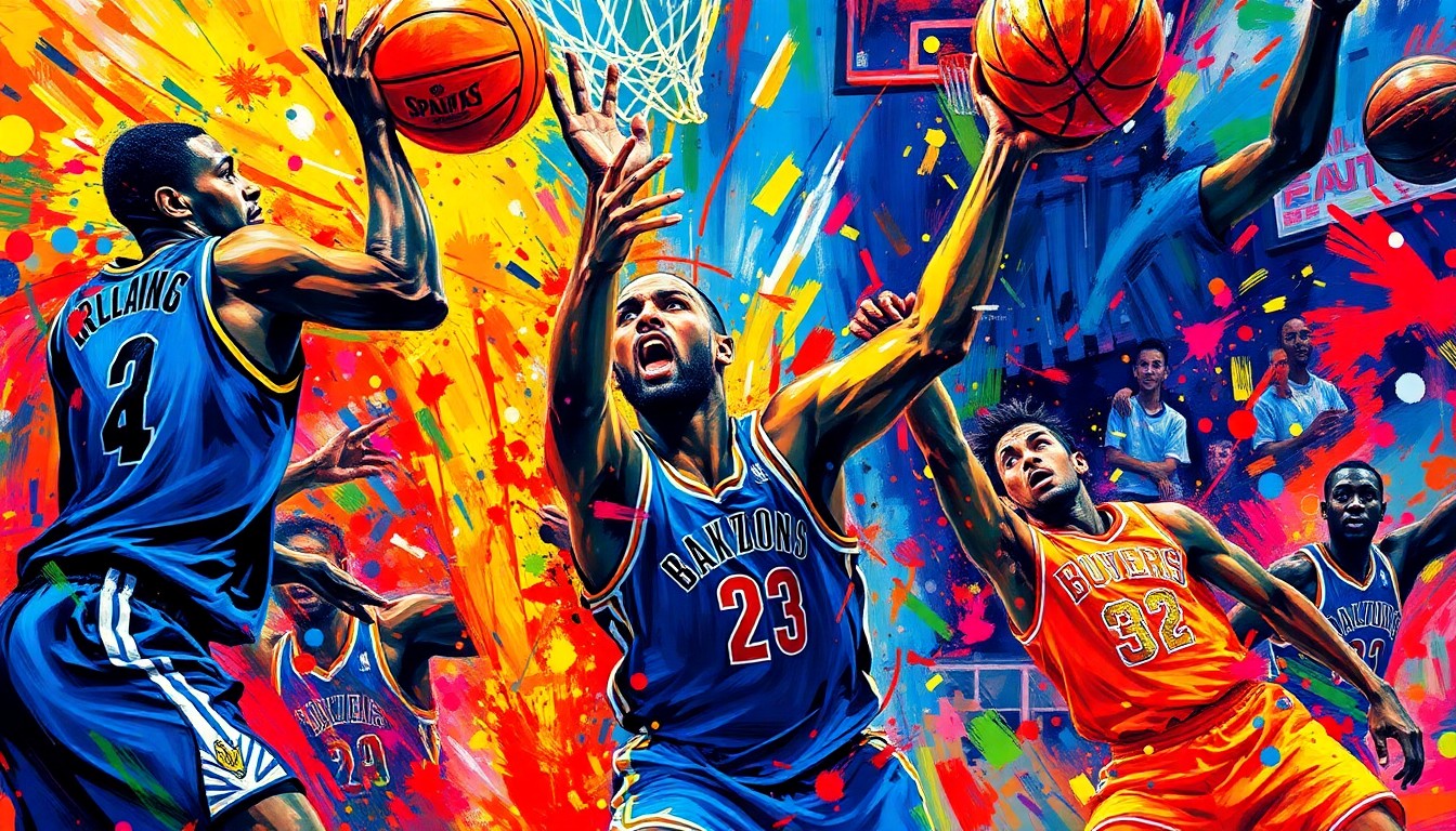 An abstract, energetic painting featuring bold, neon-colored brushstrokes that capture the movement and intensity of a basketball game, with players' forms blending together in a vibrant, expressive composition.