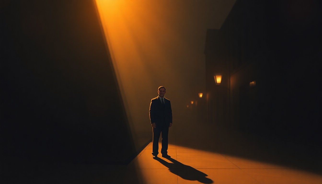 A solitary figure, likely a government official, stands alone in a dimly lit urban setting, bathed in warm, diagonal sunlight and deep shadows, conveying a sense of contemplation and the weight of political decisions.