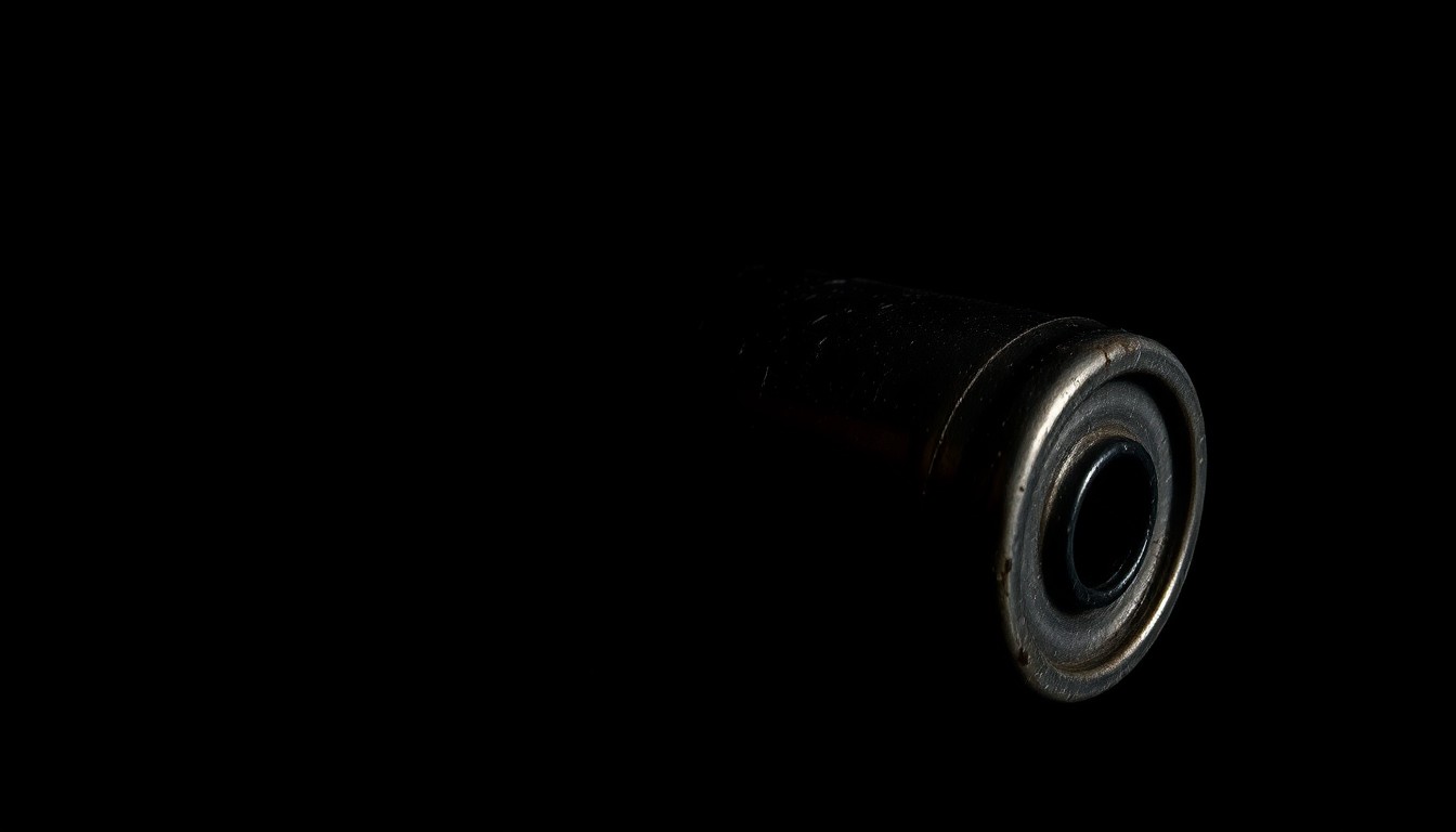 An extreme close-up photograph of a spent tear gas canister, its textured metal surface and dramatic shadows creating a stark, gritty investigative aesthetic.