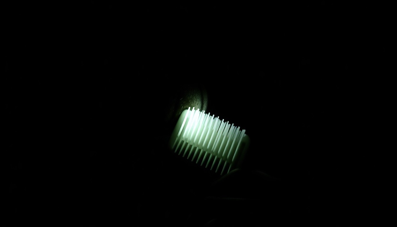 An extreme close-up of a child's hairbrush reflecting the harsh light of a camera flash, conceptually illustrating the gritty investigation into a disturbing child molestation case.