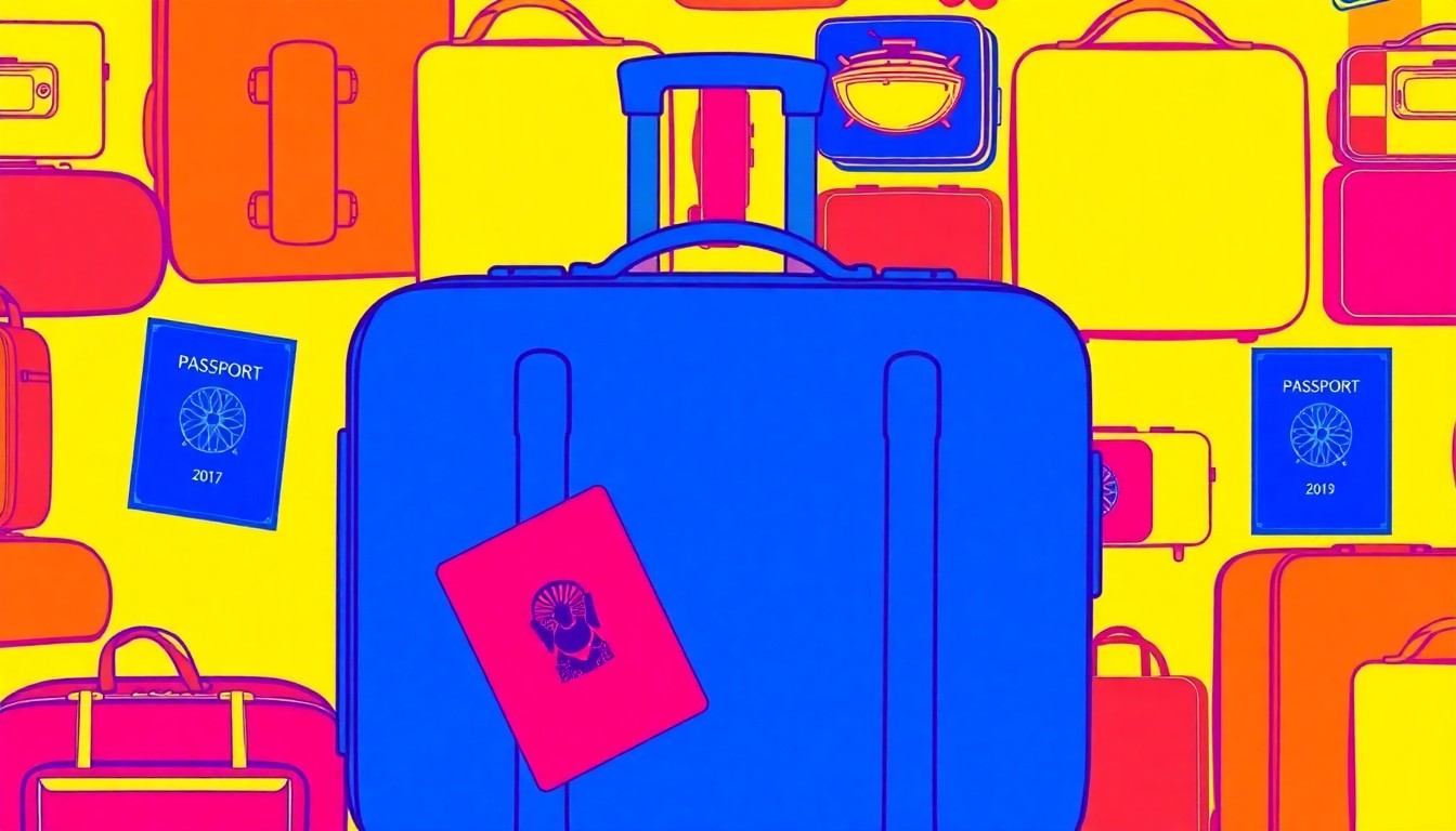 A high-contrast silkscreen print of a suitcase icon repeated in a grid pattern, rendered in bright neon colors and heavy black outlines, conceptually representing the trend of Americans relocating to Eastern Europe.