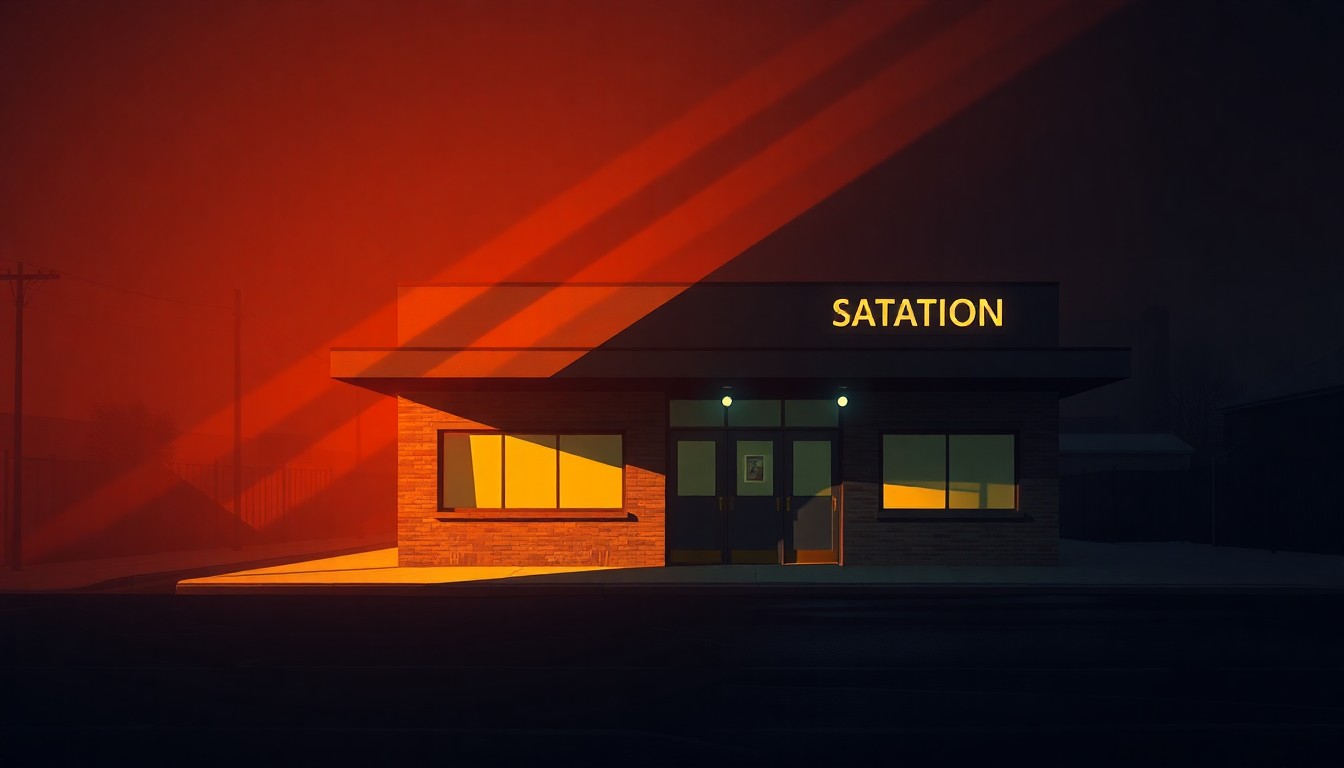 A serene, photorealistic painting of a single-story police station building set against a backdrop of warm, golden sunlight and deep shadows, conveying a sense of civic duty and community in a quiet, nostalgic style.