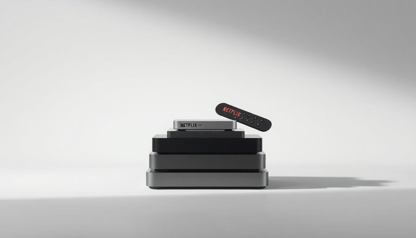 A high-end, photorealistic studio still-life photograph featuring a stack of polished metal streaming devices in various geometric shapes, arranged elegantly on a clean, monochromatic background with dramatic studio lighting, conceptually representing Netflix's market dominance in the streaming industry.