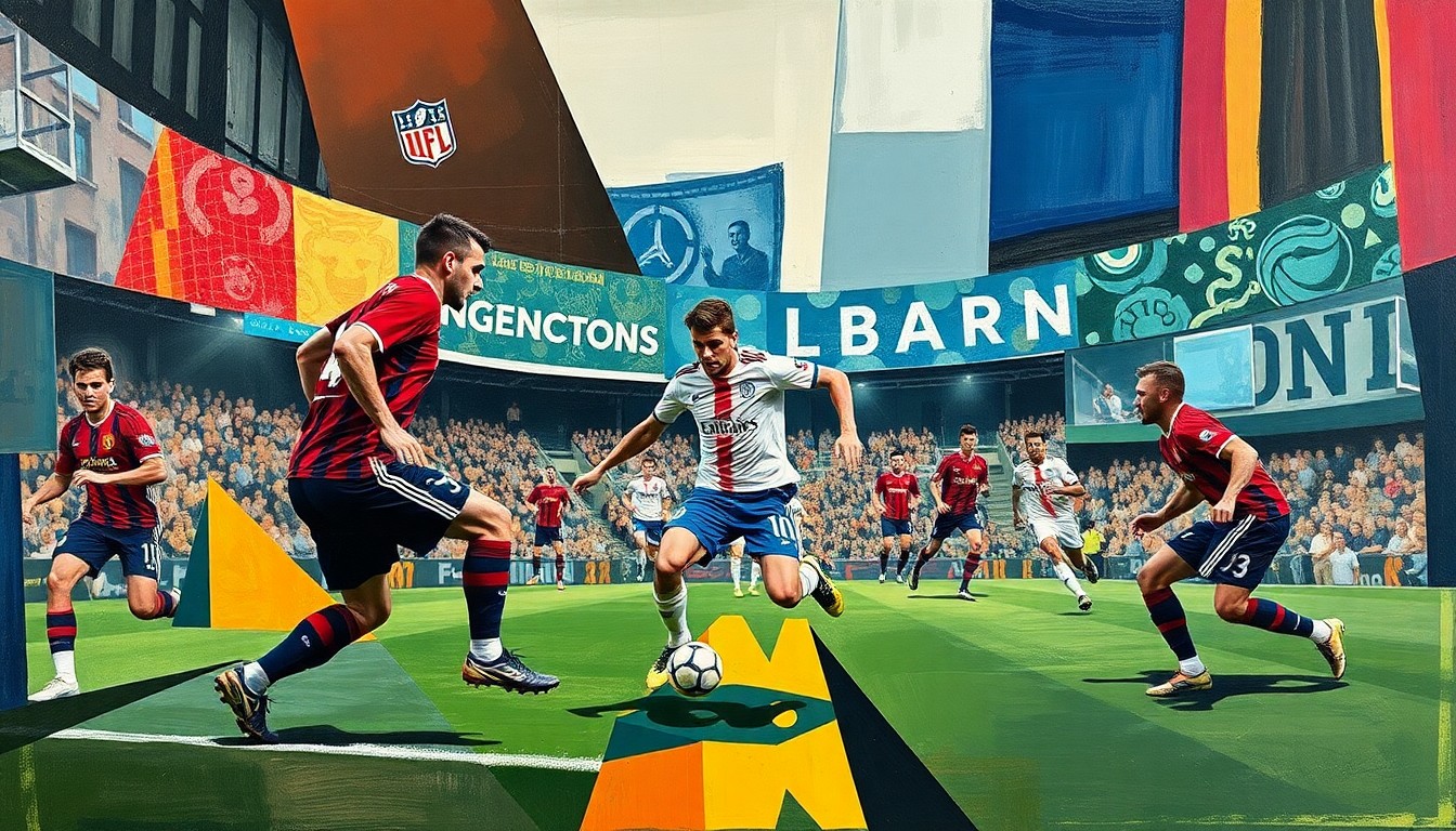 A cubist, geometric painting depicting a soccer player, likely Harry Maguire, in various overlapping perspectives, capturing the dynamic movement and energy of the sport.