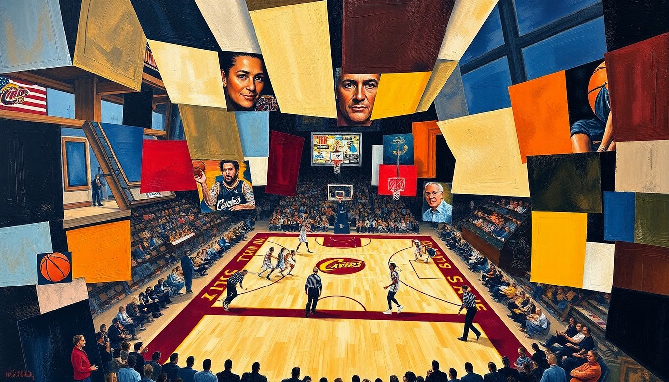 A cubist, geometric painting depicting a Cavaliers basketball game, with sharp, overlapping planes of color and form representing the team's drive and resilience as they enter the playoffs.