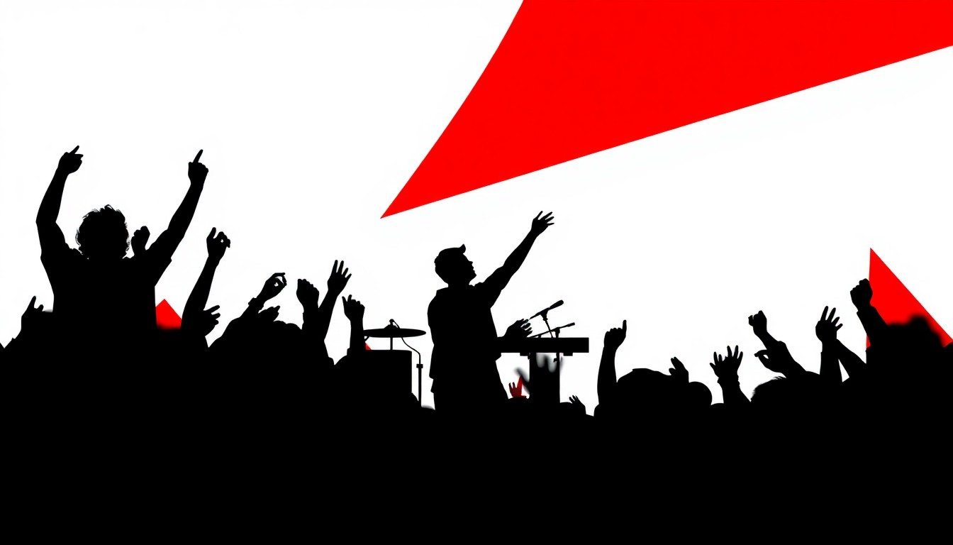 A minimalist, abstract illustration featuring stark black silhouettes of musical instruments and geometric shapes in a high-contrast red and white color palette, conceptually representing a lively performance or celebration event.