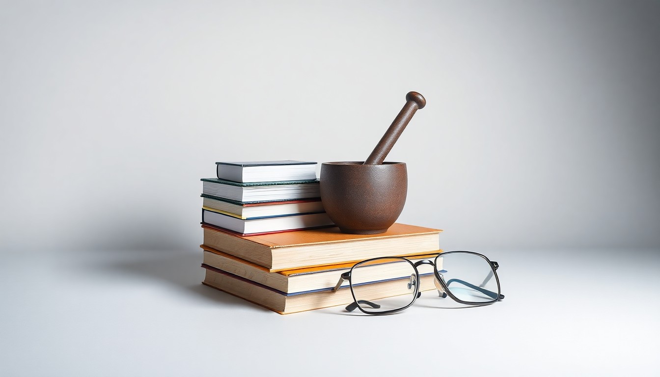 A photorealistic studio still-life featuring a stack of academic books, a mortar and pestle, and a pair of eyeglasses arranged elegantly on a clean, monochromatic background, conveying themes of higher education governance and institutional transformation.