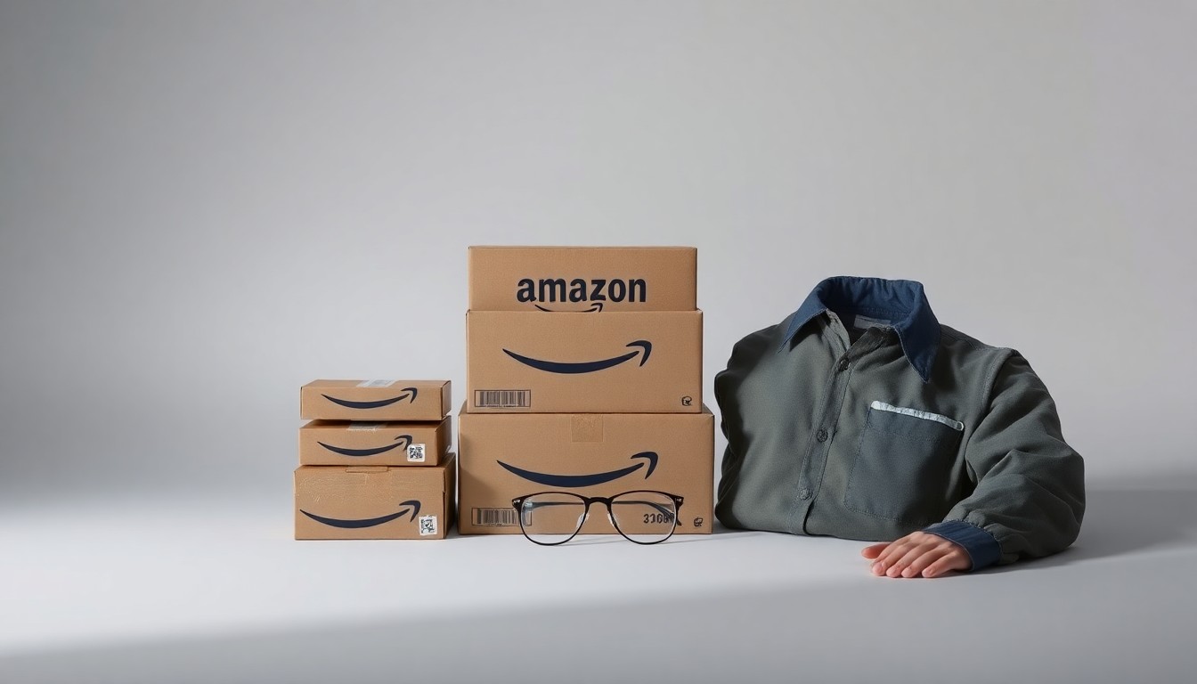A high-end, photorealistic studio still-life photograph featuring a stack of Amazon shipping boxes, a delivery driver's uniform, and a pair of broken eyeglasses arranged elegantly on a clean, monochromatic seamless background. The objects use sharp, dramatic studio lighting and deep shadows to represent the abstract corporate forces behind the 'last-mile' delivery industry.