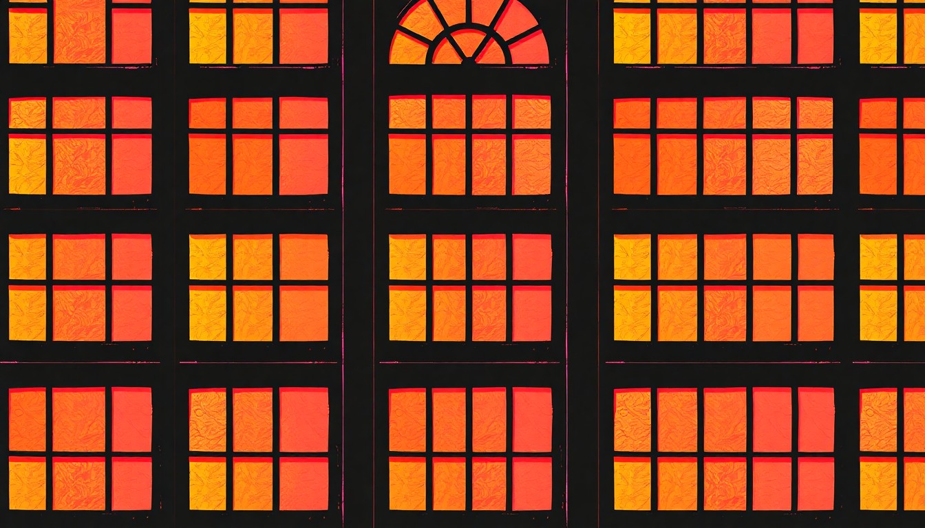 A brightly colored, high-contrast silkscreen-style illustration of a single stained glass window design, repeated in a grid pattern and rendered in a bold, neon color palette with heavy black outlines, capturing the home's blend of modern and historic elements.