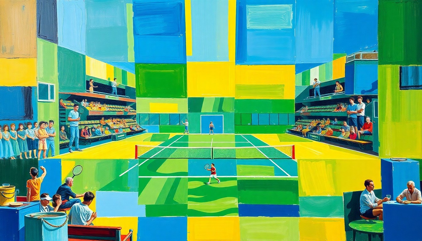 A dynamic, cubist-inspired illustration depicting the energy and intensity of a college tennis match, with overlapping geometric shapes and planes of vibrant color capturing the sport's competitive spirit.
