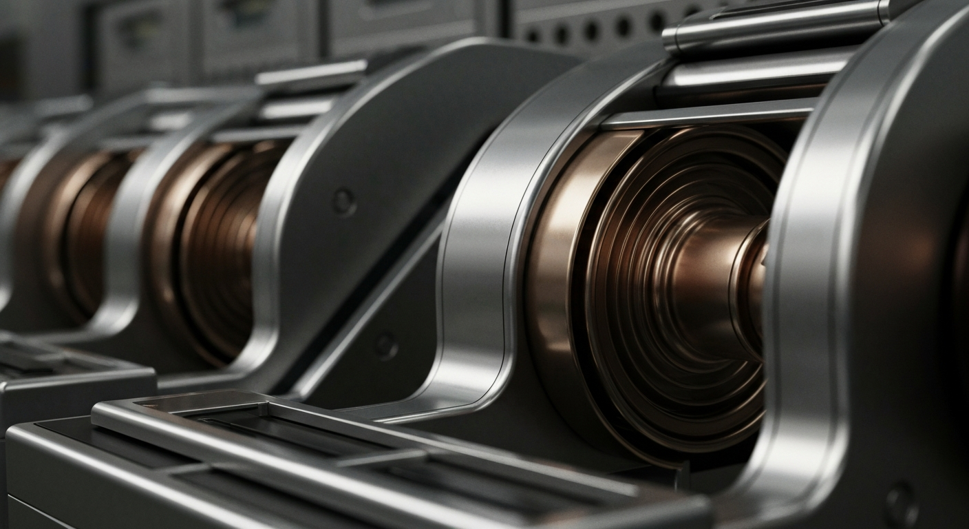 An extreme close-up of highly textured, industrial banking equipment and machinery in shades of steel, bronze, and chrome, conveying the complex financial infrastructure behind a major semiconductor company's stock.