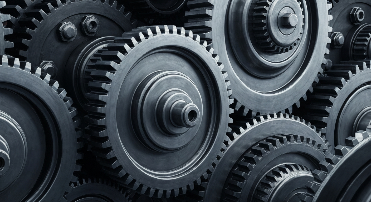 An extreme close-up of intricate, metallic gears and machinery, conveying the industrial might and financial security of the aerospace industry without using any text or identifiable elements.