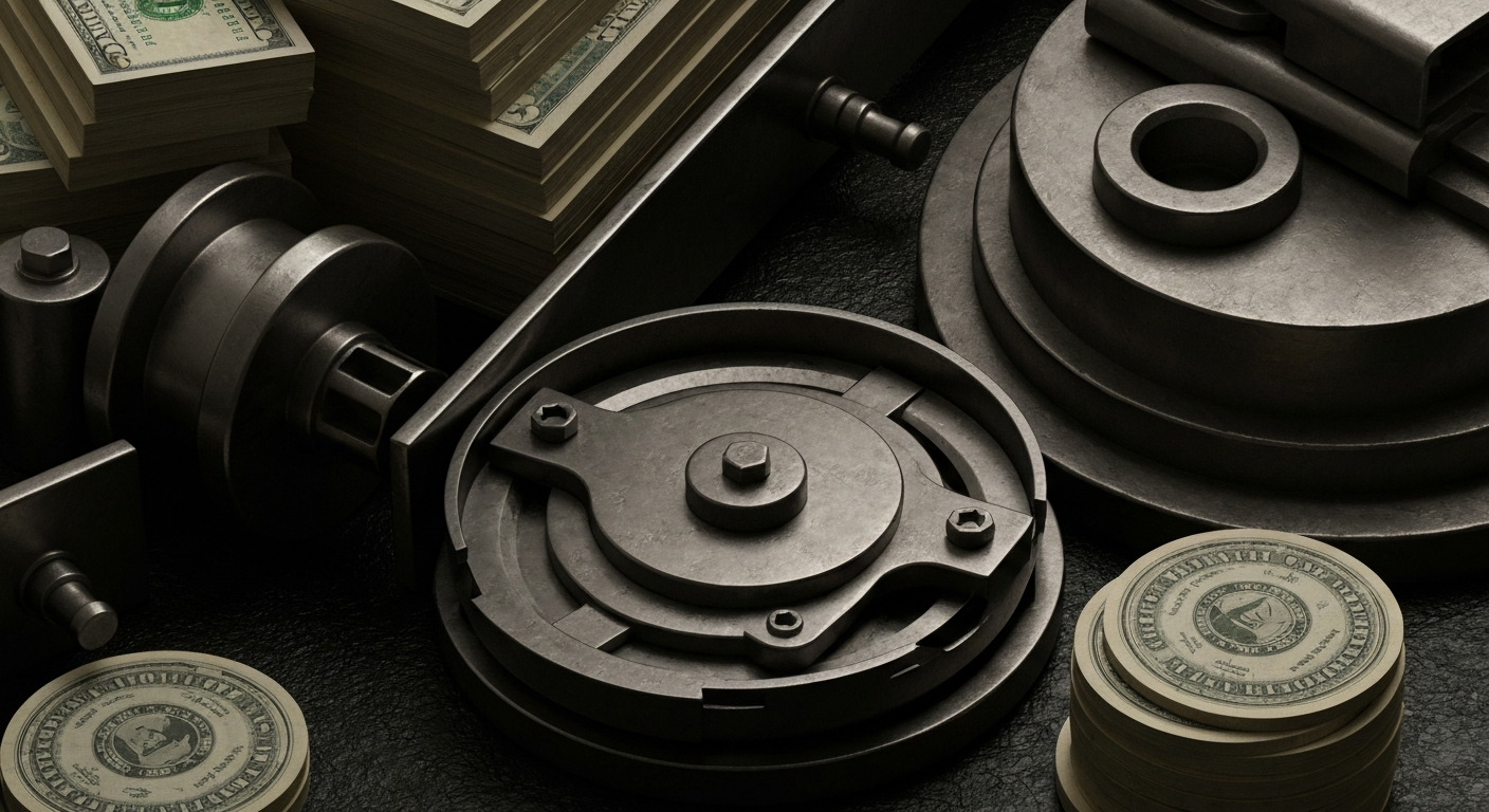 A highly detailed, black-and-white close-up photograph of the inner workings of a banking machine, conveying a sense of the hidden infrastructure and mechanics that power the financial industry.