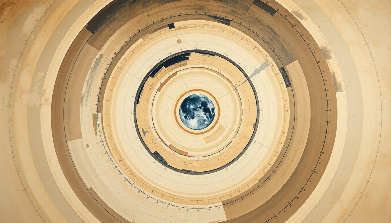 A highly structured abstract painting in soft, earthy tones featuring sweeping geometric arcs, concentric circles, and precise spirals, conceptually representing the complex forces and concepts of the Artemis II moon mission.