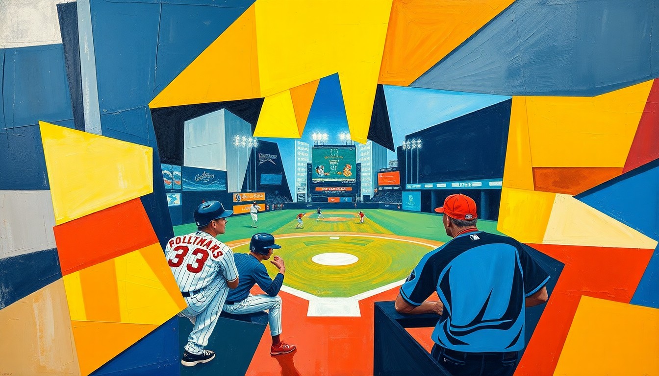 A fragmented, geometric painting depicting a fantasy baseball game, with overlapping shapes and planes representing the various elements of the sport.
