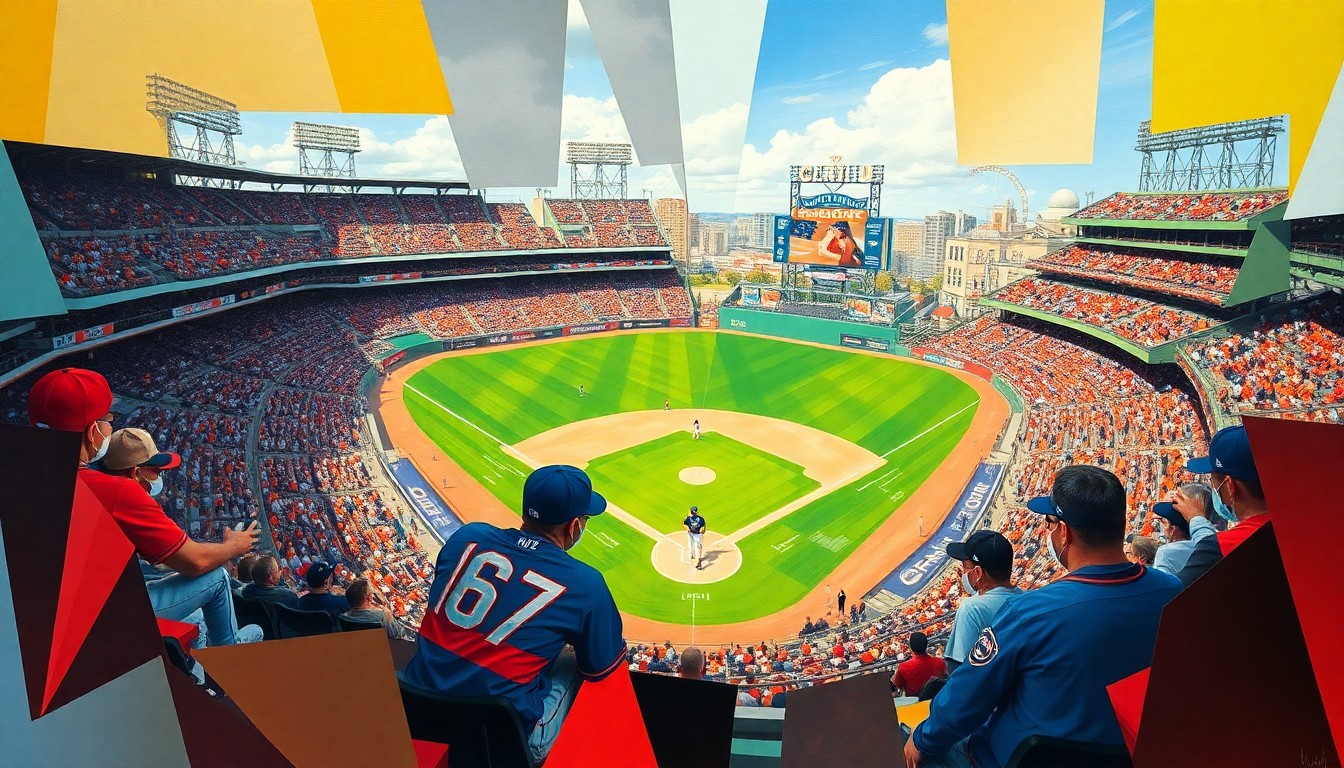 A fragmented, geometric painting in bold colors depicting a Cleveland Guardians baseball game, with overlapping shapes and planes representing the team's strategic evolution and the dynamic performances of its young players.