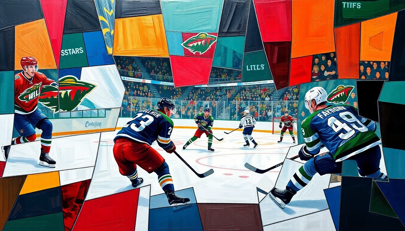 A cubist, geometric painting depicting a hockey game between the Minnesota Wild and Dallas Stars, with the players and action broken down into sharp, overlapping planes of color and shape, capturing the intensity and drama of the competition.