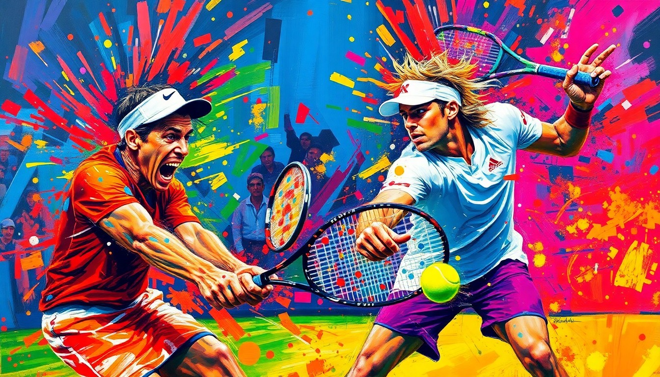 An abstract, expressionist painting in vibrant neon colors, capturing the dynamic movement and energy of a tennis match, with the players' forms dissolving into bold, gestural brushstrokes.