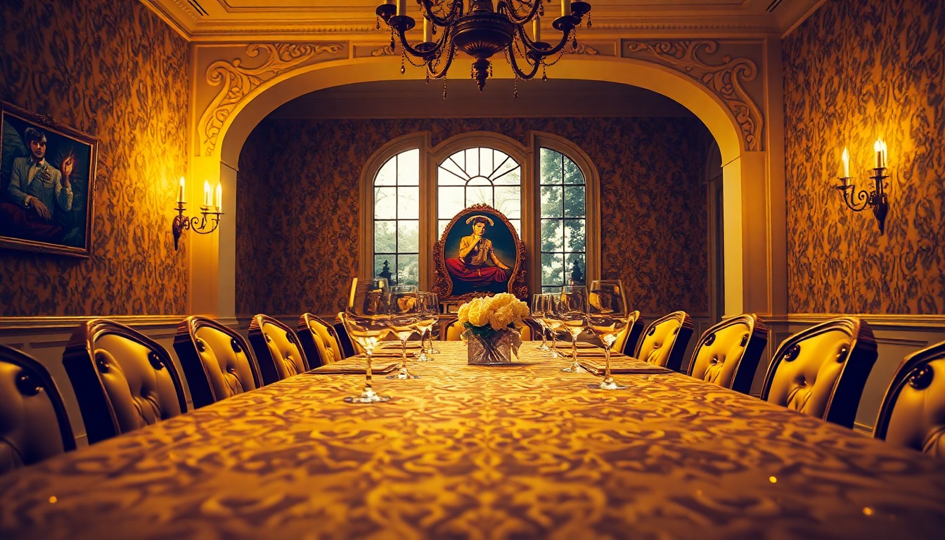 An extreme close-up of the ornate, textured details in Freddie Mercury's iconic yellow dining room, including rich wood paneling, intricate crown molding, and hints of vibrant artwork, conveying the room's lavish, glamorous aesthetic.