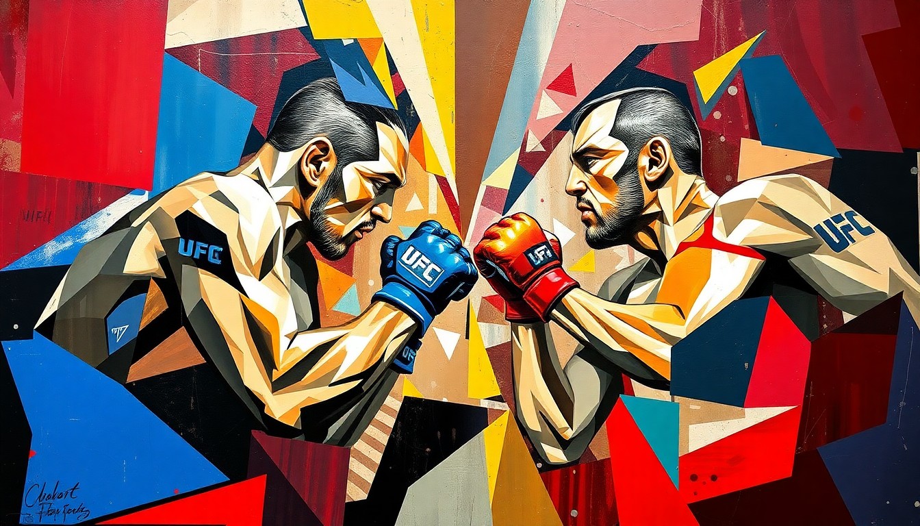 A cubist, geometric painting depicting the UFC 323 main event fight between Merab Dvalishvili and Petr Yan, with the fighters' forms fractured and overlapping in a dynamic, multi-perspective composition.