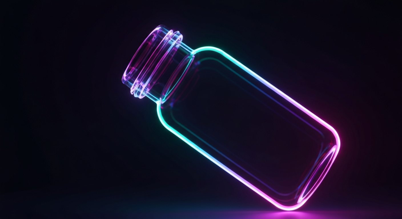A minimalist design in the style of Keith Haring where the outline of a pill bottle or capsule is defined entirely by vibrant neon lines against a deep, dark background, emphasizing the shape and electricity of the medication.