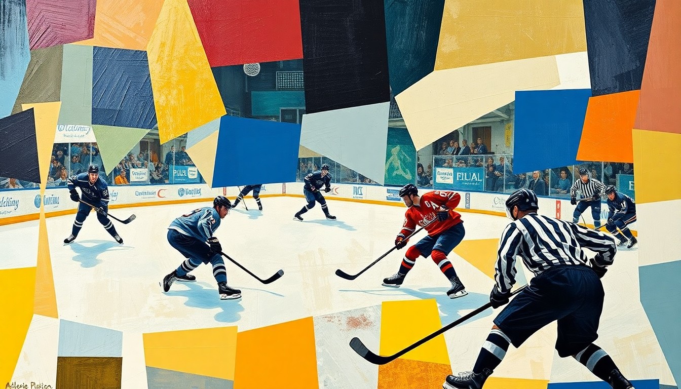 A cubist, geometric painting depicting the fragmented movements and intense action of a hockey game, with players' bodies and the puck breaking down into sharp, overlapping planes of color and form.