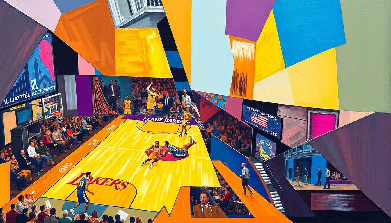 A fragmented, geometric painting depicting the basketball game between the Lakers and Warriors, with sharp, overlapping shapes and planes representing the players, the court, and the intensity of the match.
