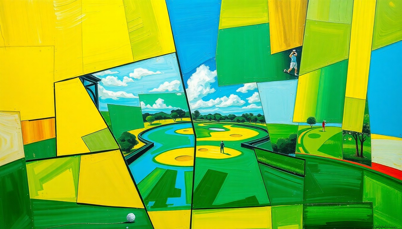 A cubist, geometric painting depicting a fragmented, multi-angled view of a golf tournament, with sharp planes of emerald green, sky blue, and golden yellow conveying the dynamic energy and anticipation surrounding the event.