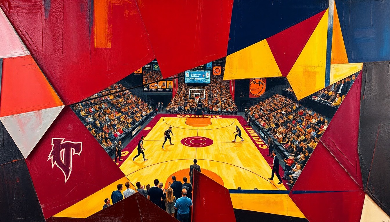 A cubist, geometric painting depicting a Cavaliers basketball game, with sharp, overlapping planes of wine red, gold, and navy blue representing the fractured, multi-perspective view of the sport and its impact on the city.