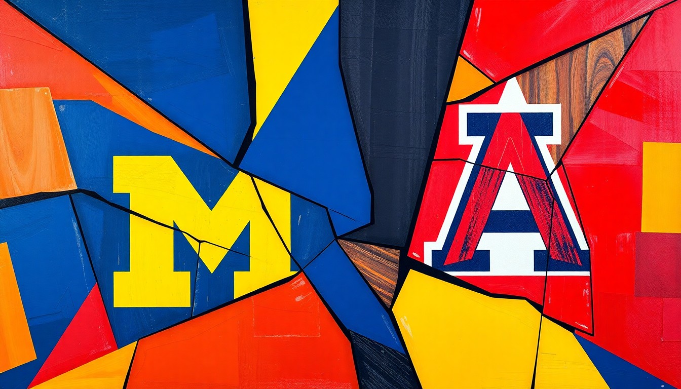 A fractured, multi-perspective painting featuring sharp, overlapping geometric planes in vibrant shades of blue, red, and yellow, conceptually representing the contrasting styles and identities of the Michigan and Arizona basketball teams facing off in the Final Four.