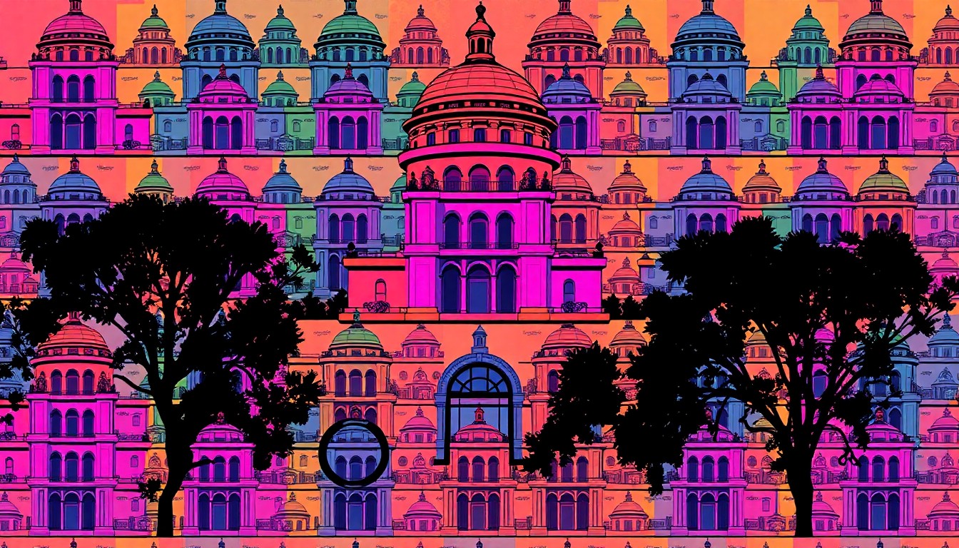 A brightly colored, high-contrast silkscreen print of a single, iconic Berkeley landmark such as the Campanile or Sather Gate, repeated in a tight grid pattern, conceptually representing the debate over progress and preservation in the city.