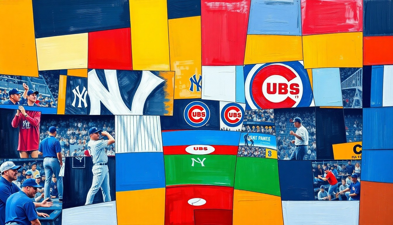 A cubist, geometric painting depicting a baseball game or match, with sharp, overlapping planes of color representing the dynamic action on the field.