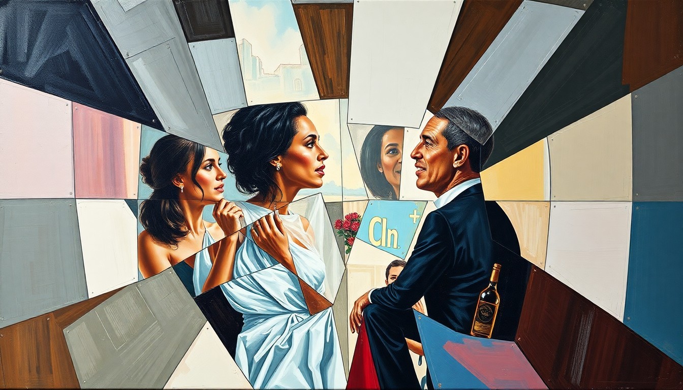 A cubist, geometric painting depicting fragmented and overlapping visual elements representing a WNBA player's personal life events and professional obligations, conveying the complex balance they must maintain.