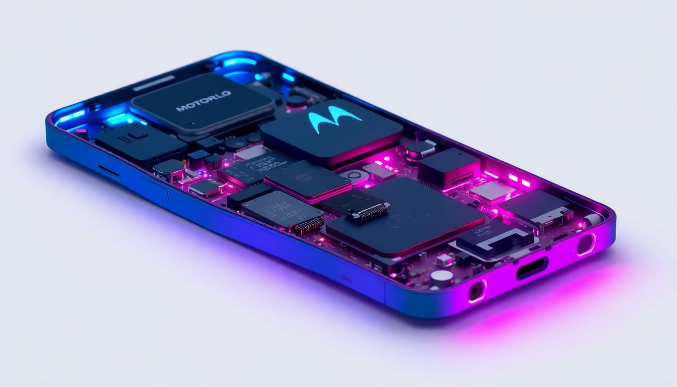 A highly detailed, glowing 3D illustration of the internal components of a disassembled Motorola smartphone, with neon cyan and magenta lights illuminating the complex circuitry and hardware. The image conveys the intricate nature of modern mobile devices while suggesting the potential for consumers to repair and maintain their own electronics.