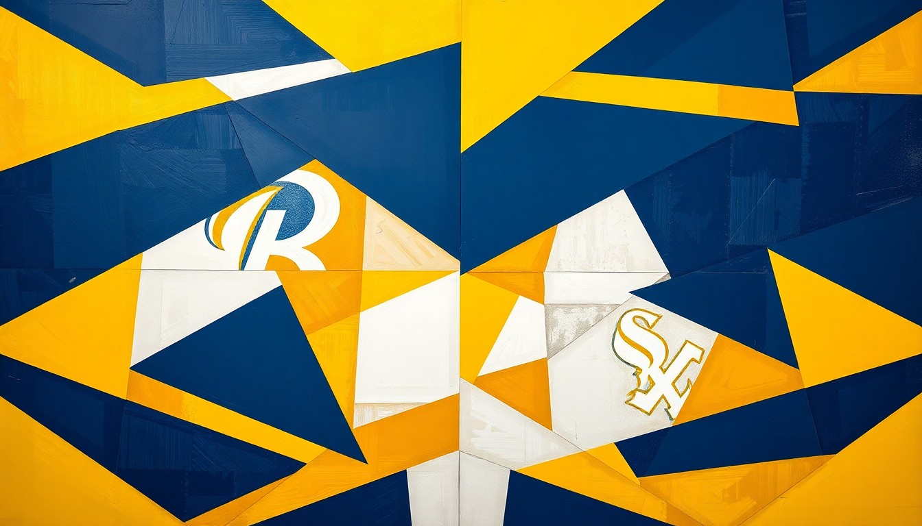 A fractured, multi-perspective painting in bold, overlapping geometric shapes and planes of navy blue, gold, and white, conceptually representing the Brewers' opening day victory over the White Sox.
